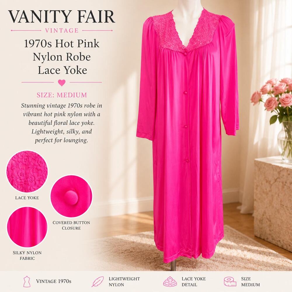 Vanity Fair Vintage 1970s Hot Pink Nylon Robe Lace Yoke Medium